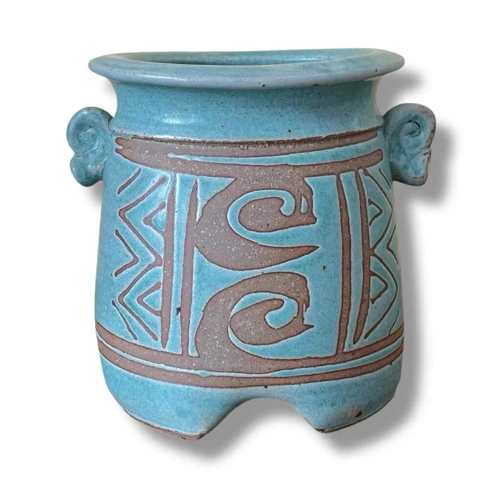 VIntage Studio Art Pottery Vase Signed Maureen Mills Blue Green Footed Base